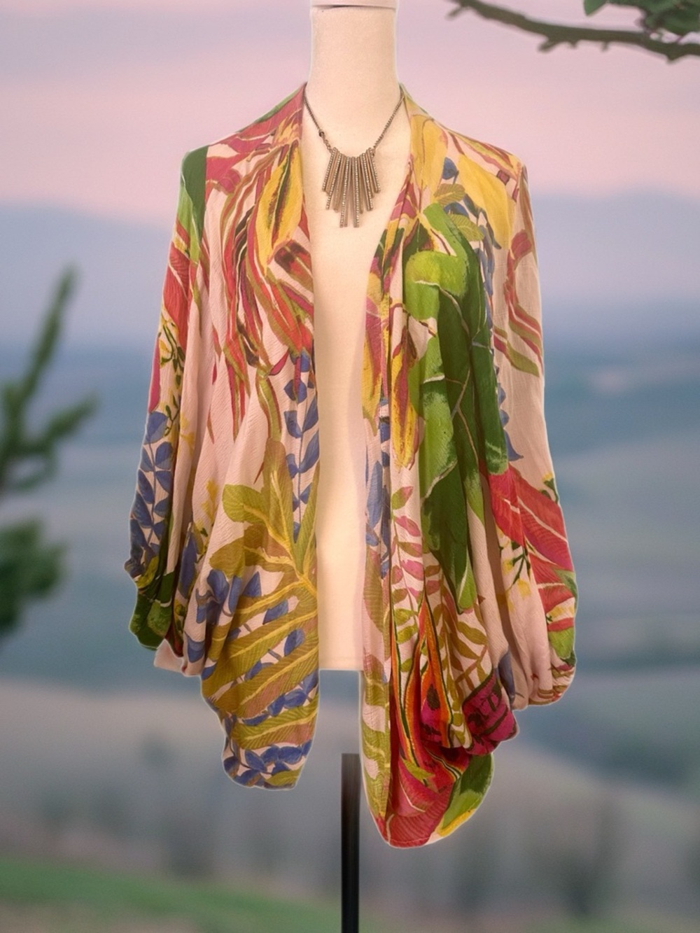 Botanical Print Draped Open-Front Blouse Cardigan - Multicolor